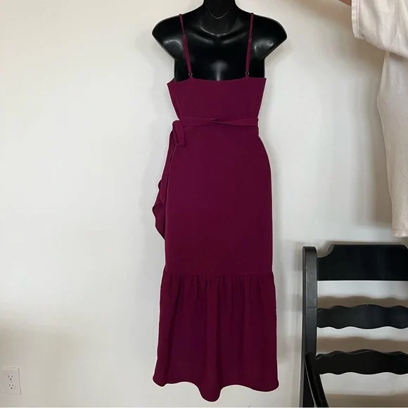 DRESS THE POPULATION Delphine Crepe Wrap Midi Dress dark magenta v neck elegant - Picture 7 of 8